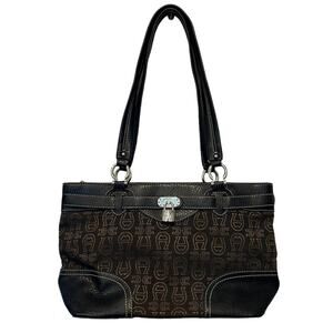 Etienne Aigner Handbag Shoulder Purse Signature Canvas Logo Leather Brown Gold